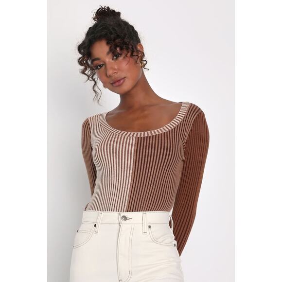 Lulus Mod Cutie Brown Color Block Ribbed Long Sleeve Bodysuit tan - Picture 1 of 9